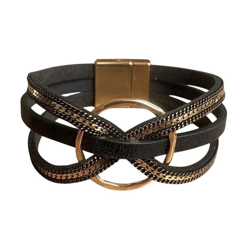 Womens Black Leather Gold Chain Wrap Bracelet Magnetic Clasp Fashion Jewelry‎